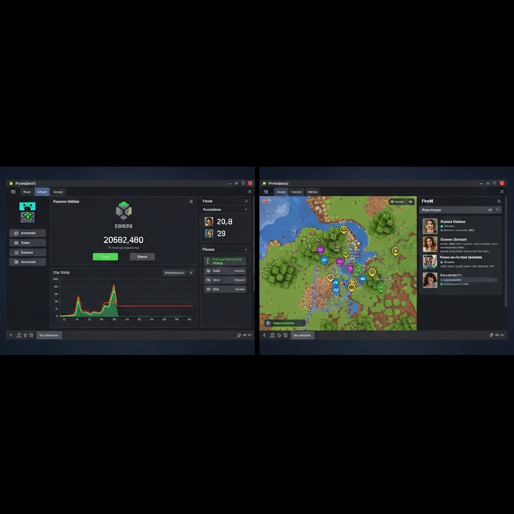 Fotorealistischer Split-Screen mit links einem Minecraft-Server-Dashboard (Spieler online, TPS-Graph), rechts einem FiveM-Server mit aktiven Spielern auf einer Map, beide in hochauflösendem Pterodactyl-Panel-Interface