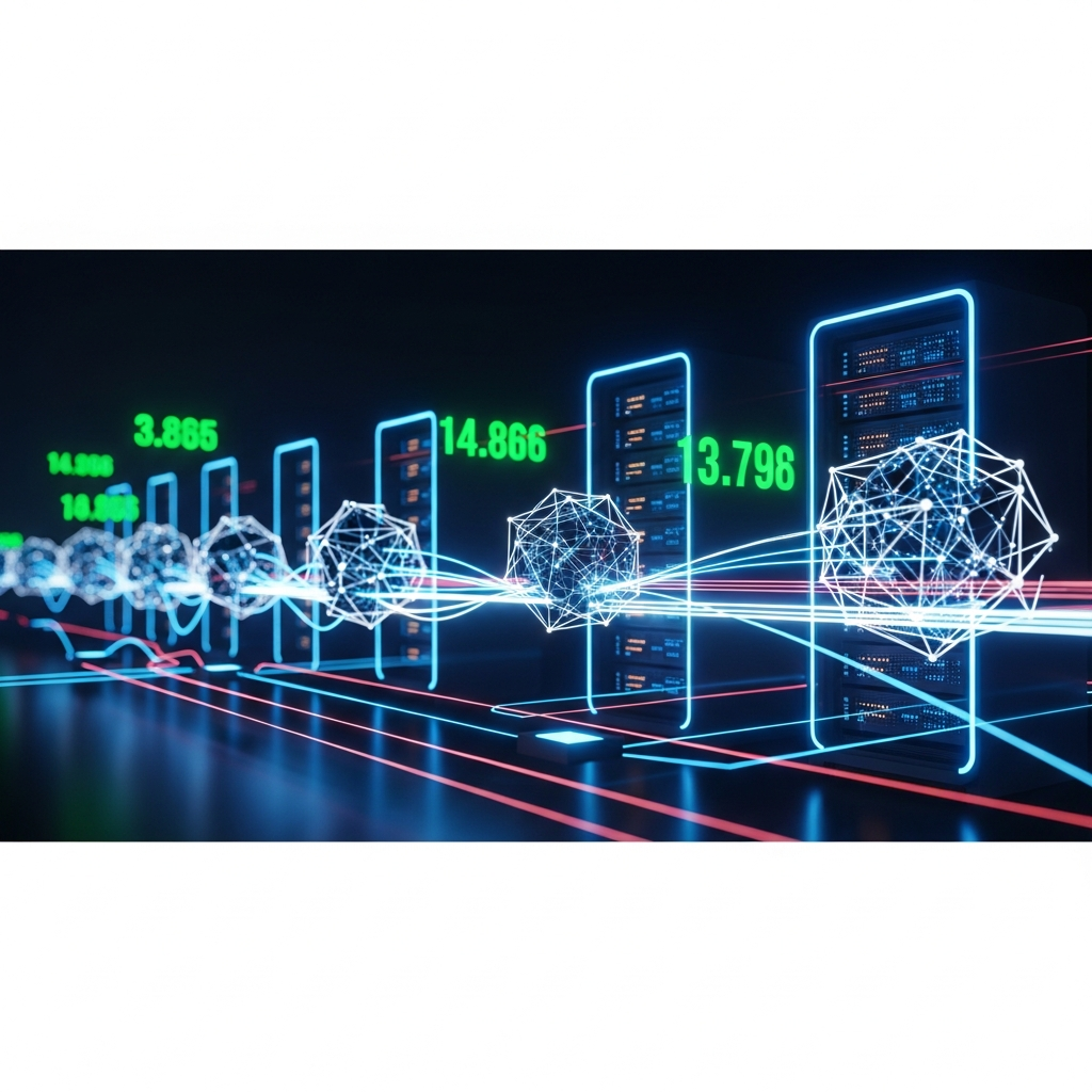 Fotorealistisches Bild einer digitalen Netzwerk-Visualisierung mit leuchtenden Datenströmen zwischen Servern, niedrige Latenz-Metriken in grünen Zahlen, 3D Darstellung von Datenpaketen in Bewegung vor dunklem Hintergrund mit Neon-Akzenten