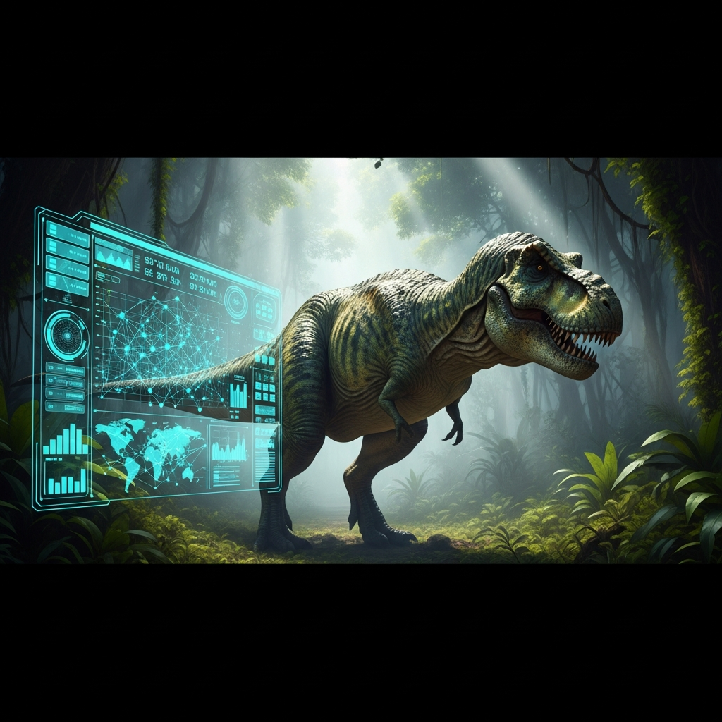 Fotorealistisches Bild eines Dinosauriers (T-Rex) in einer üppigen Dschungelumgebung mit Nebel und Sonnenstrahlen, die durch das Blätterdach brechen, im Vordergrund ein futuristisches Hologramm-Interface mit Server-Statistiken und Grafiken, cinematische Beleuchtung