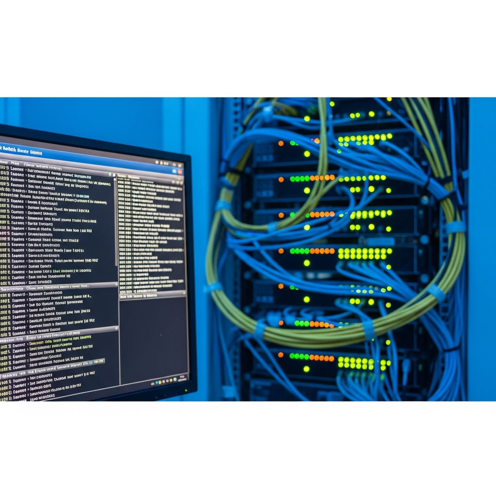 Fotorealistisches Bild eines Server-Racks in einem professionellen Rechenzentrum, im Vordergrund ein Monitor mit Minecraft Bedrock Server-Konsole und scrollenden Command-Logs, im Hintergrund blinkende Server-LEDs und Netzwerkkabel, kühle blaue Beleuchtung und Tiefenschärfe