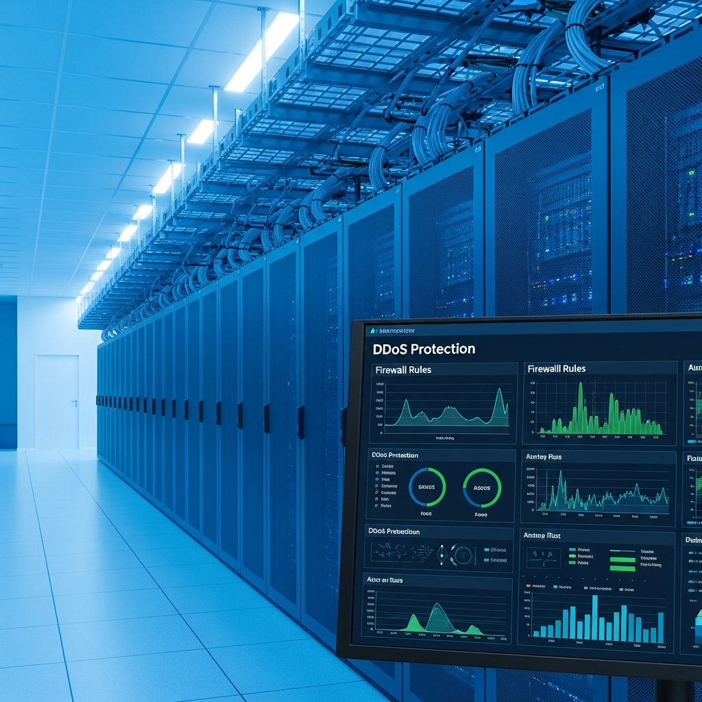 Fotorealistisches Bild eines modernen Rechenzentrums mit Serverschränken, blaue LED-Beleuchtung, strukturierte Netzwerkkabel, im Vordergrund ein Monitor mit grafischer Übersicht von DDoS-Schutz-Statistiken und Firewall-Regeln, hochauflösend, technisch detailliert, professionelle Atmosphäre
