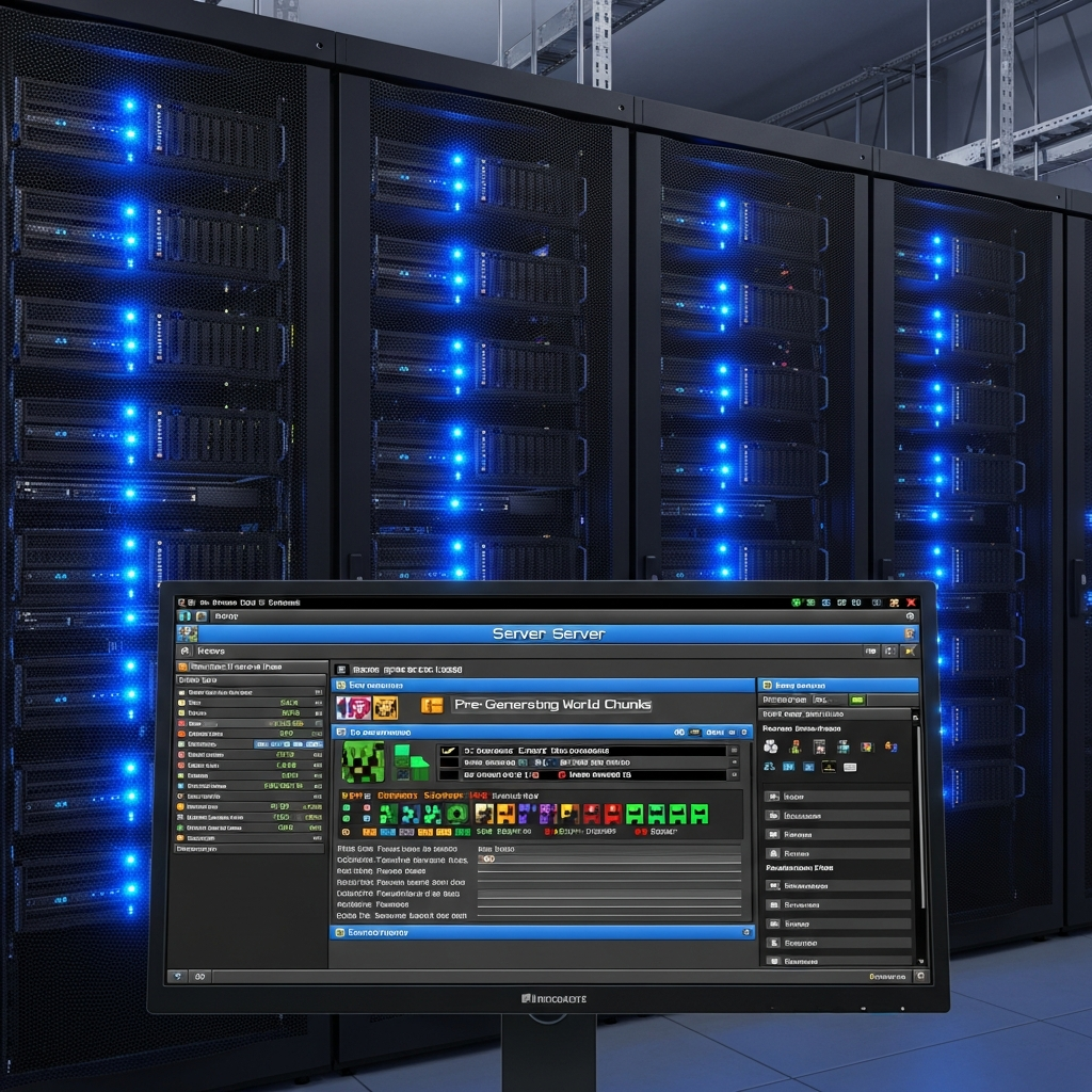 Fotorealistisches Bild eines modernen Server-Racks mit leuchtenden blauen LEDs, im Vordergrund ein Monitor mit dem Minecraft-Server-Panel und dem Chunky-Plugin-Interface, scharf gezeichnet, professionelle Beleuchtung, High-Tech-Atmosphäre