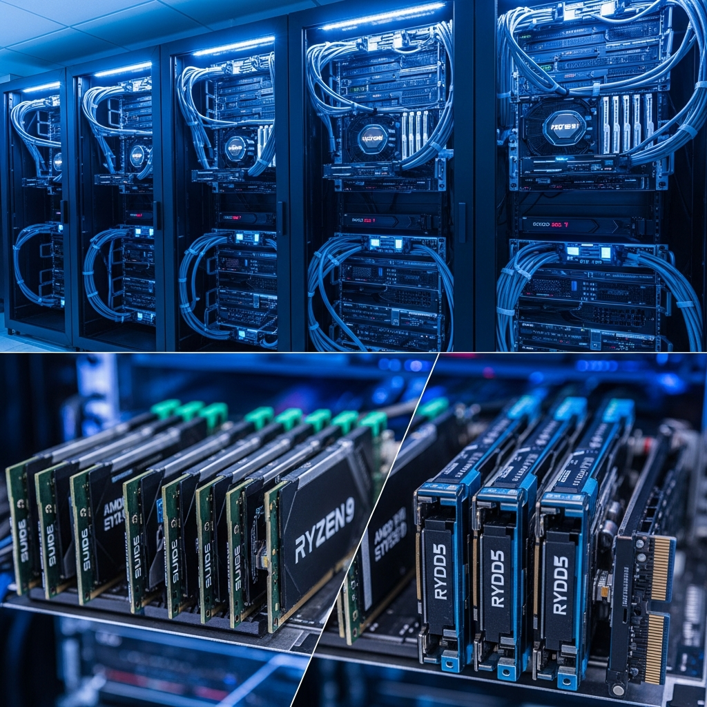 Fotorealistisches Bild eines modernen Serverraums mit AMD Ryzen 9 Prozessoren in Gaming-Server-Racks, blau leuchtende LED-Beleuchtung, detaillierte Nahaufnahme von DDR5-RAM-Modulen und NVMe-SSD-Festplatten, professionelle Verkabelung, High-Tech-Atmosphäre