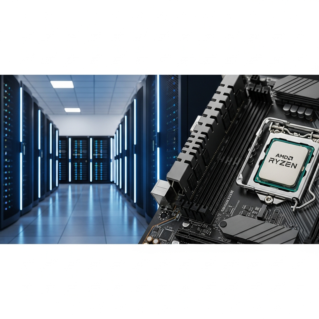 Fotorealistisches Bild eines modernen Serverraums mit Reihen von schwarzen Server-Racks, blaue LED-Beleuchtung, Detailansicht eines AMD Ryzen Prozessors und DDR5 RAM-Module auf einem Mainboard, technische Atmosphäre mit Tiefenschärfe