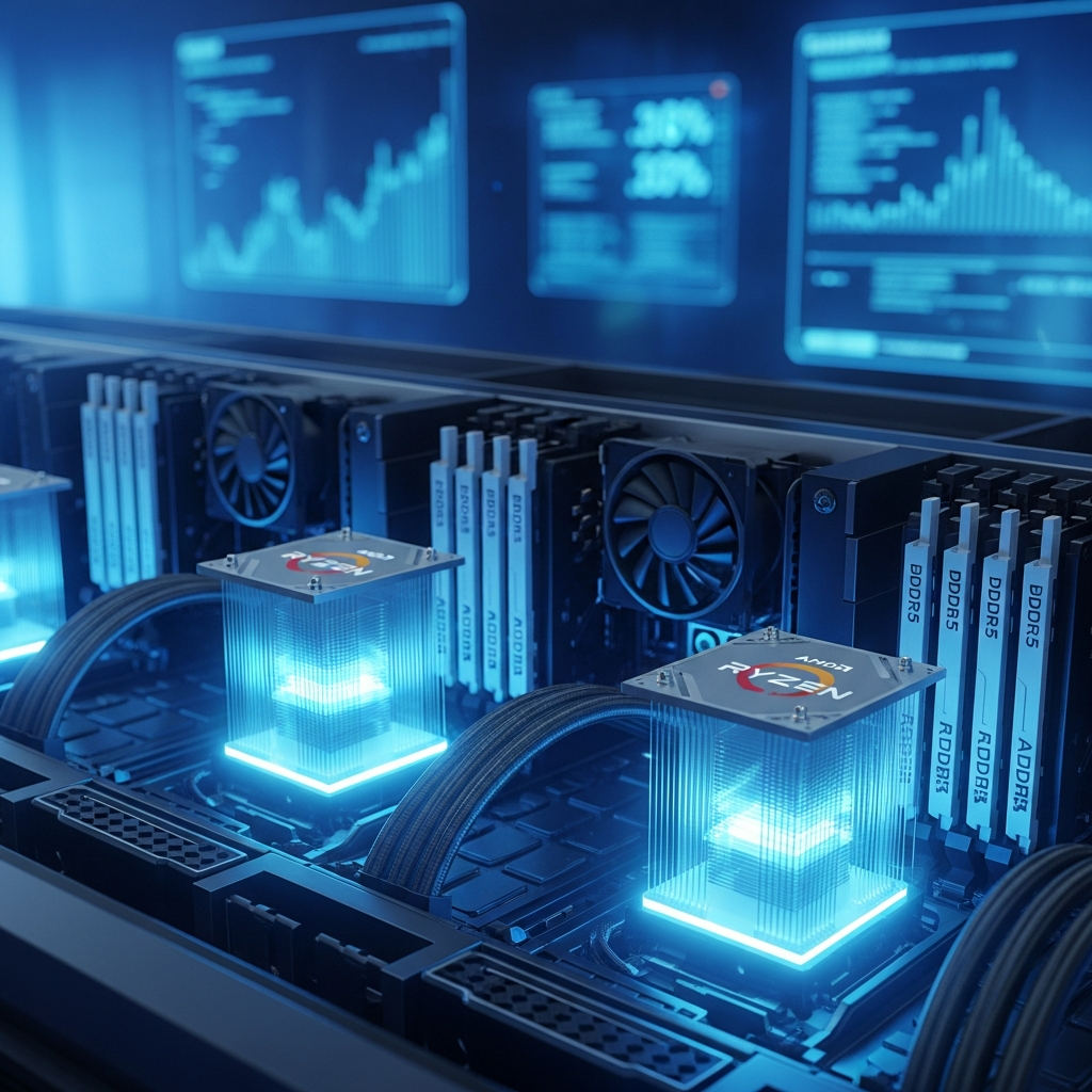 Fotorealistisches Bild eines modernen Serverraums mit leuchtenden AMD Ryzen Prozessoren und DDR5 RAM-Modulen in blauen Lichtern, Nahaufnahme der CPU-Kühlsysteme mit digitalen Performance-Metriken im Hintergrund