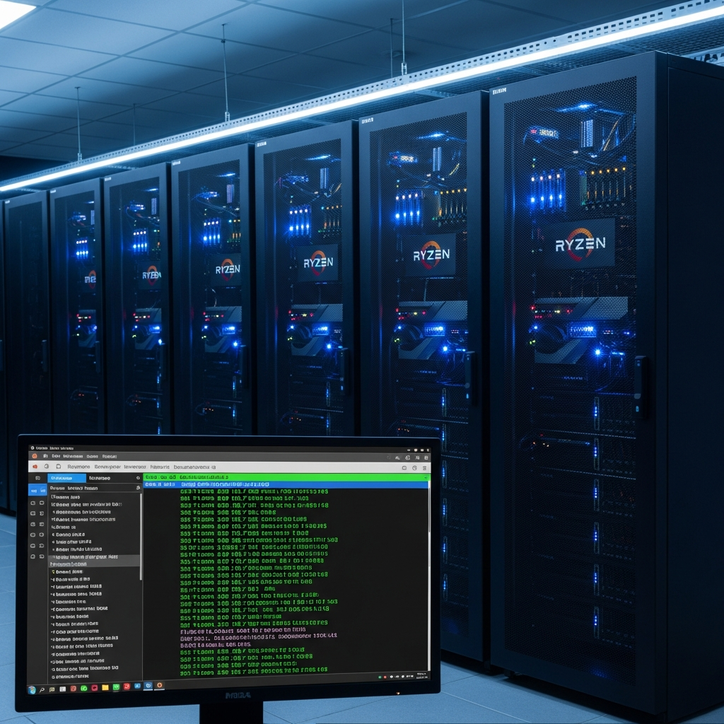 Fotorealistisches Bild eines modernen Serverraums mit schwarzen Racks, in denen AMD Ryzen Server mit blau leuchtenden LED-Lichtern installiert sind. Im Vordergrund ein Monitor, der eine Linux-Terminal-Oberfläche mit Minecraft-Server-Logs anzeigt. Professionelle Datacenter-Beleuchtung, technische Atmosphäre.