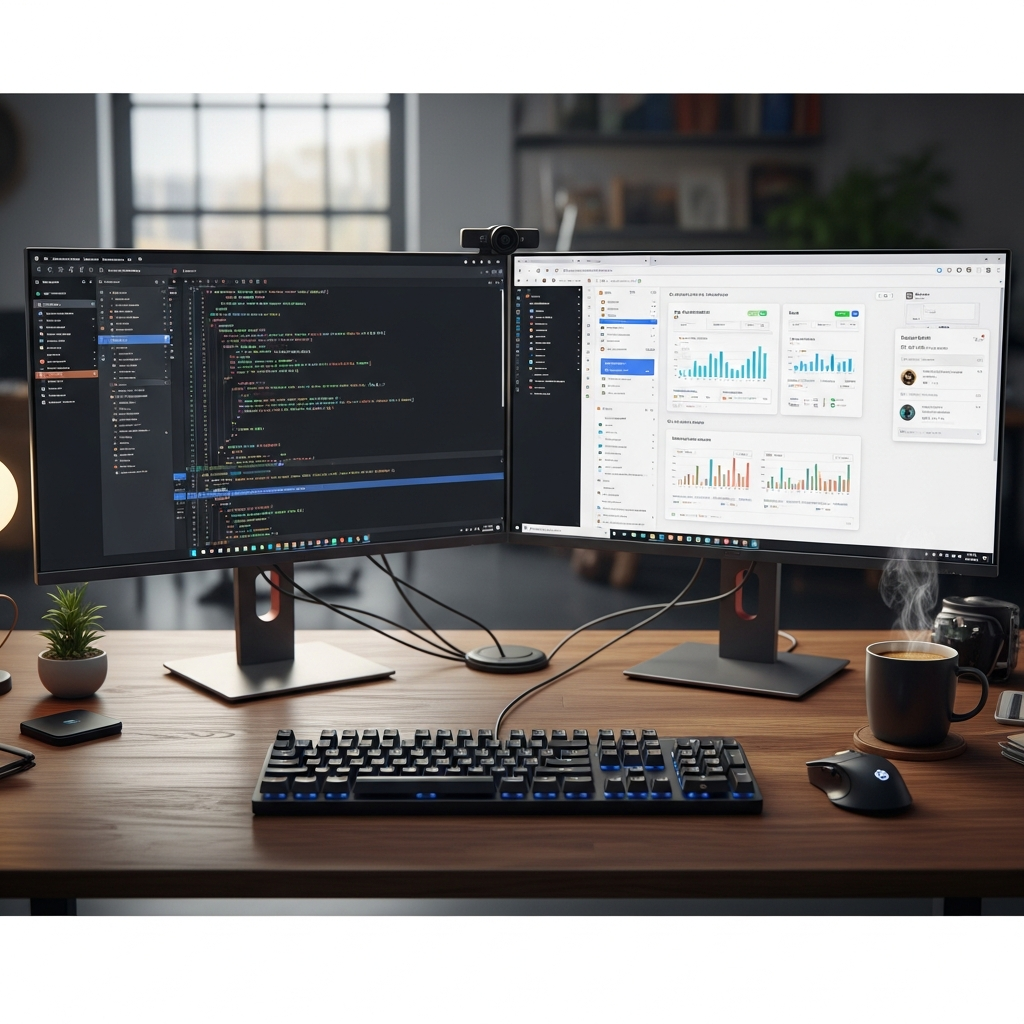 Fotorealistisches Bild eines professionellen Entwickler-Arbeitsplatzes mit zwei Monitoren, auf dem linken Monitor ein Code-Editor mit Node.js-Code, auf dem rechten Monitor ein Browser mit einer laufenden Web-App-Oberfläche, im Vordergrund eine mechanische Tastatur und eine Kaffeetasse