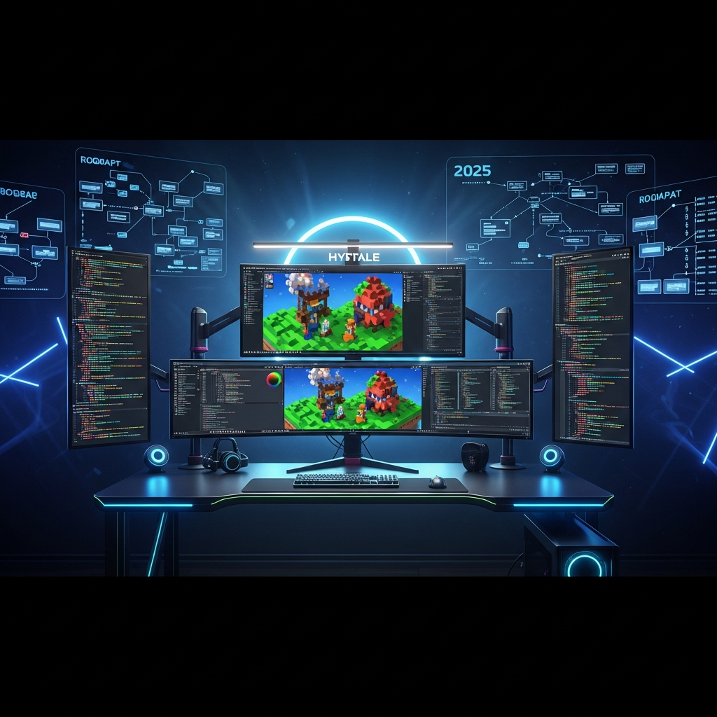 Futuristischer Gaming-Arbeitsplatz mit mehreren Monitoren, die Hytale-Entwicklungsumgebung und Code-Editor zeigen, im Hintergrund sichtbare Roadmap-Diagramme für 2025, professionelle Beleuchtung, fotorealistisch