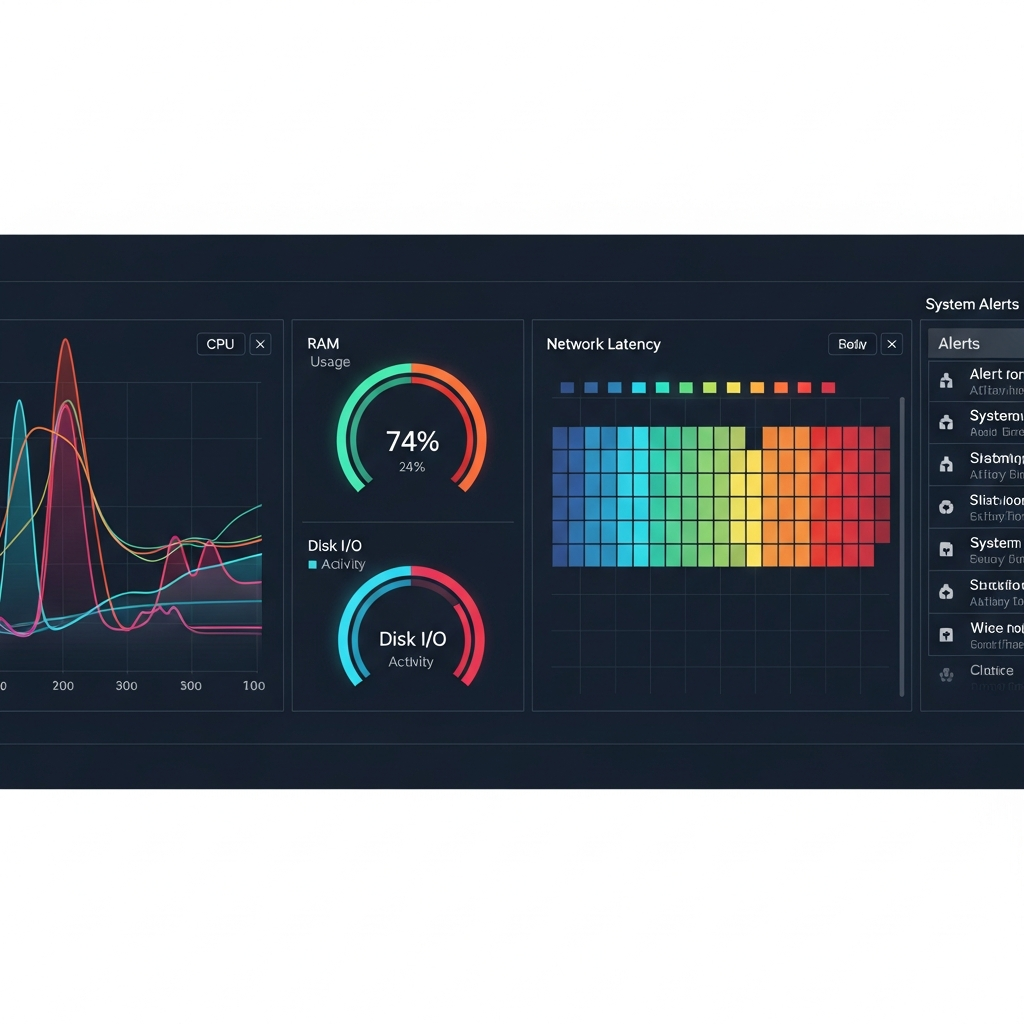 Gráfico de monitoreo tipo Grafana con múltiples paneles mostrando métricas de rendimiento en tiempo real: gráficos de líneas de uso de CPU con picos en diferentes colores, medidores circulares de RAM y disco, mapa de calor de latencia de red, y lista de alertas del sistema, todo con estética moderna de dashboard profesional sobre fondo oscuro