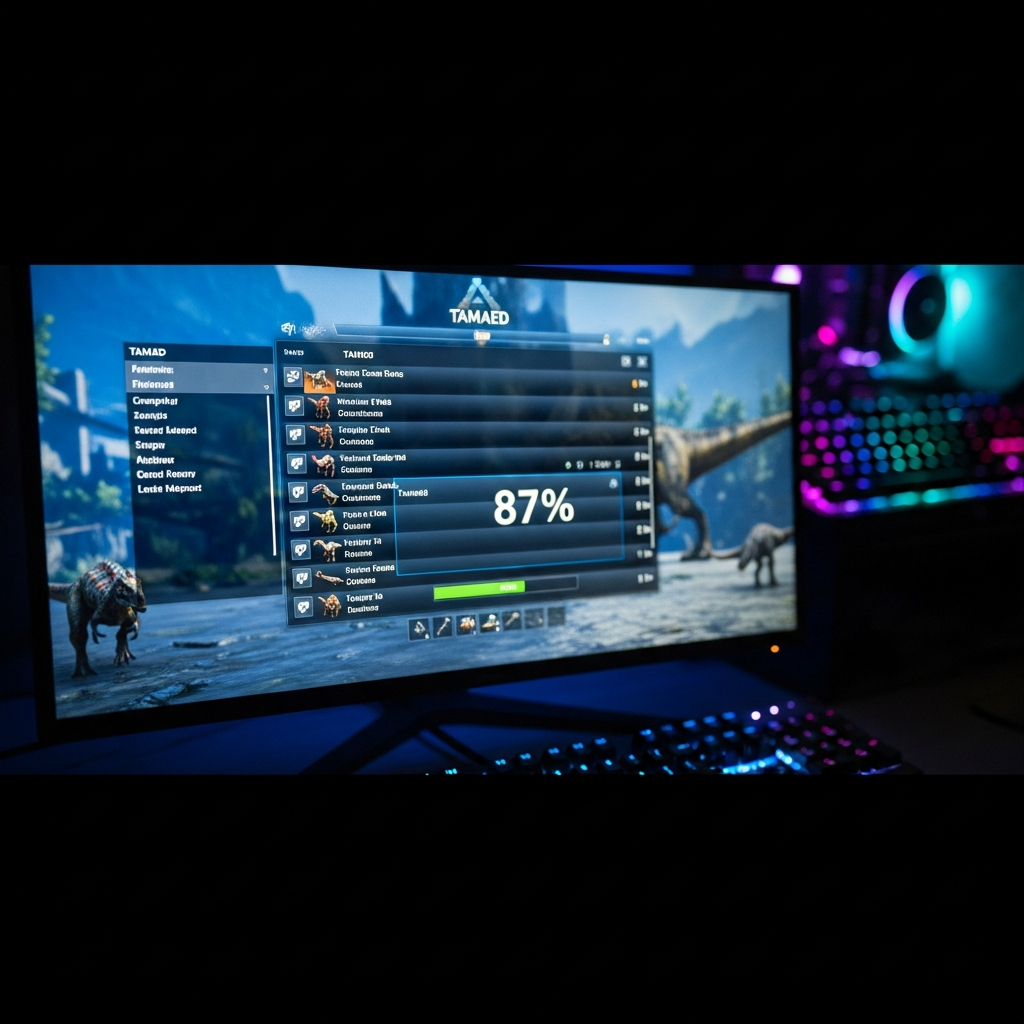 Gros plan photoréaliste sur un écran d'ordinateur affichant une liste de dinosaures ARK en cours de domestication, barre de progression de taming à 87%, interface de jeu ARK Survival Ascended, lumière bleutée de l'écran, clavier gaming RGB en arrière-plan flou