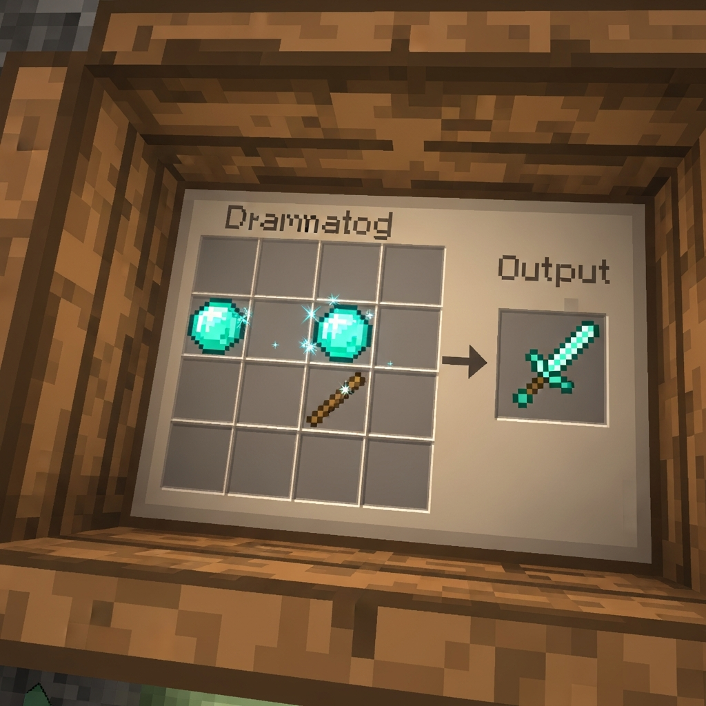 Gros plan photoréaliste sur un établi en bois de chêne ouvert dans l'interface Minecraft, montrant la grille de craft 3x3 avec deux diamants bleu cyan brillants placés dans les cases du milieu et un bâton en bois dans la case centrale inférieure, formant le pattern d'une épée en diamant, avec l'icône de l'épée visible dans la case de résultat à droite