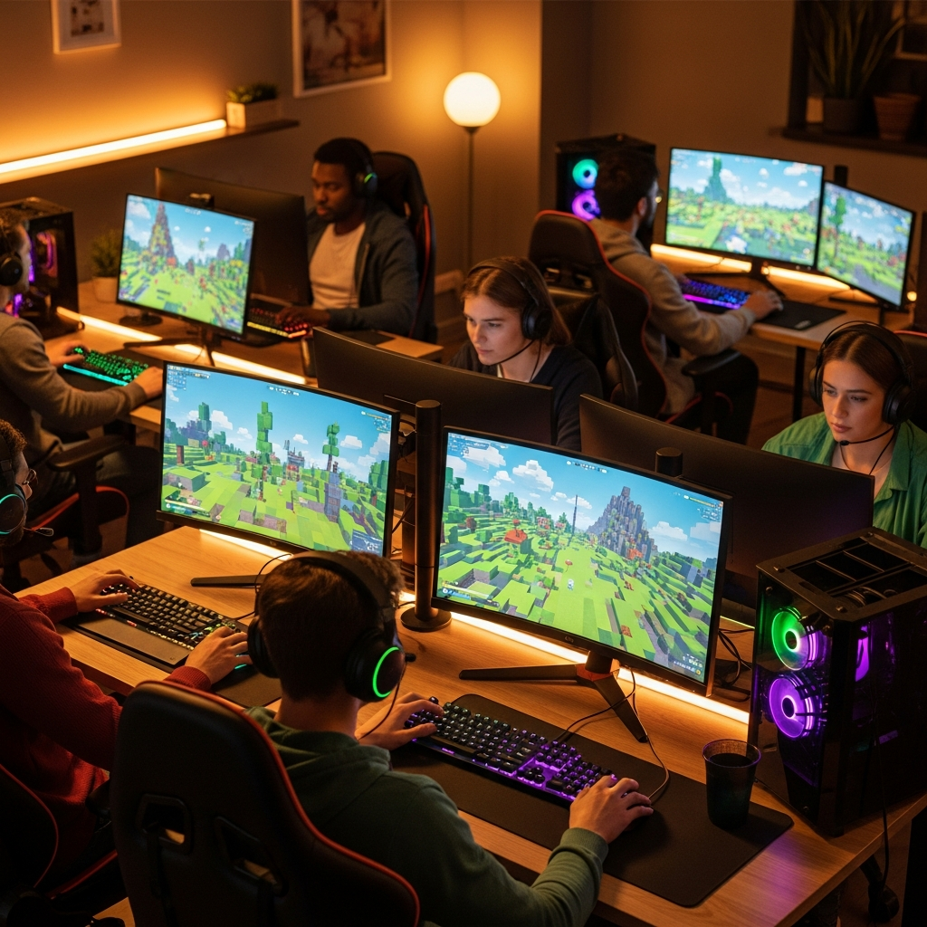 Groupe diversifié de joueurs concentrés devant leurs écrans gaming RGB, setup moderne avec plusieurs moniteurs affichant Hytale, ambiance chaleureuse de gaming session entre amis, claviers mécaniques illuminés et casques audio professionnels