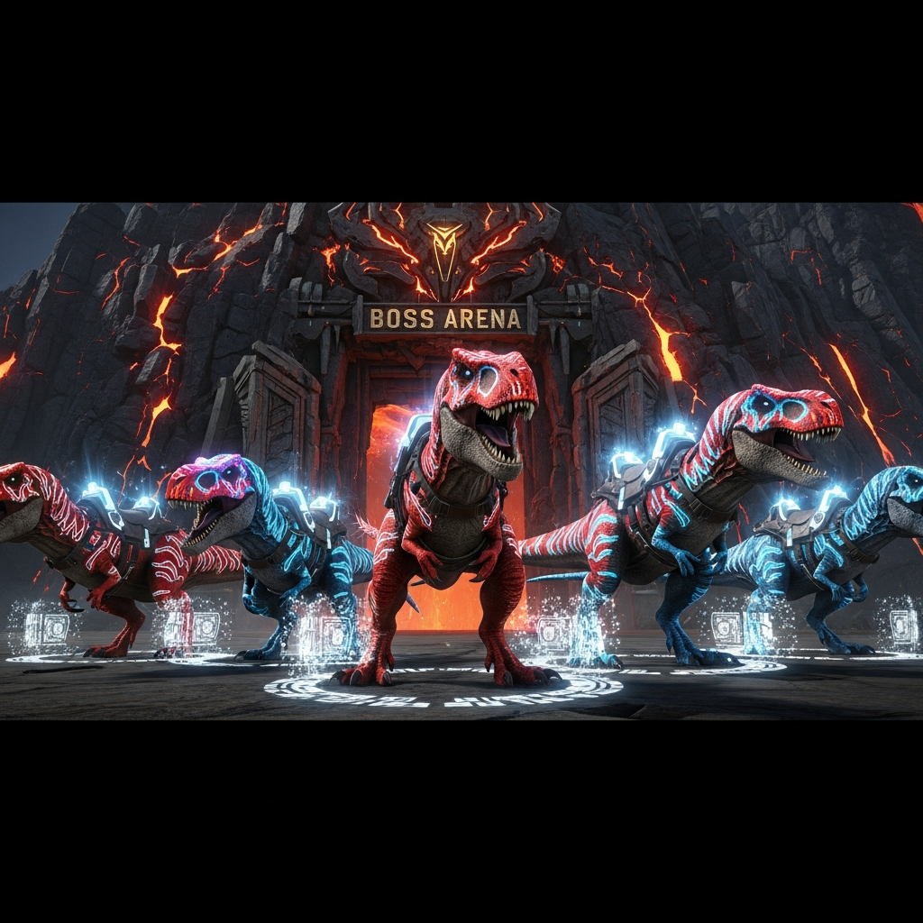 Grupo de cinco Rexes con mutaciones cromáticas brillantes (rojos y azules neón) en formación de combate frente a la entrada de una Boss Arena, con efectos de partículas de impronta y monturas Tek equipadas