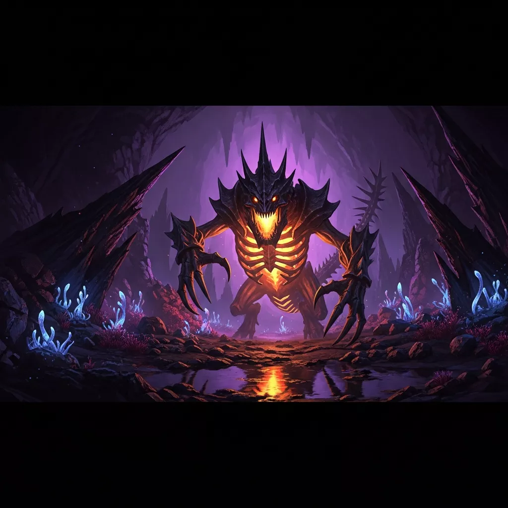 High-detail image of a glowing Reaper King emerging from shadows in an underground Aberration cave, with bioluminescent plants, jagged rock formations, and eerie purple lighting accentuating its menacing claws and tail