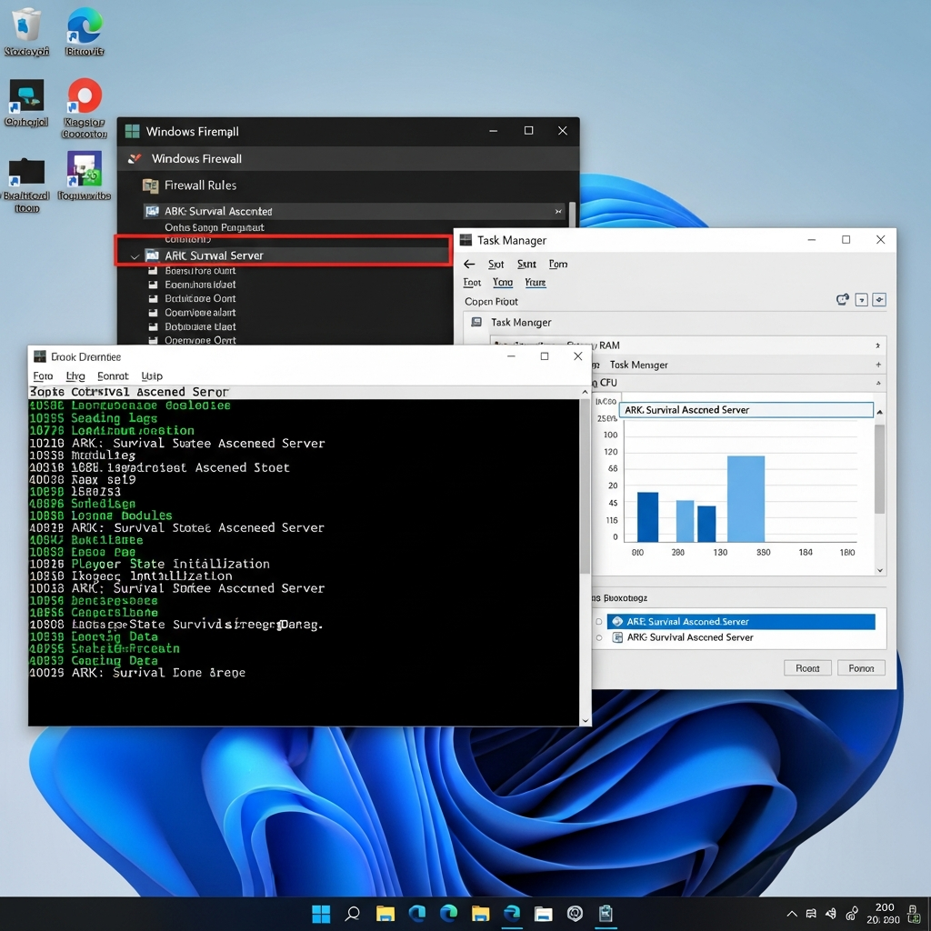 High-resolution screenshot of a Windows Server 2022 desktop showing Command Prompt window with green text displaying ARK Survival Ascended server startup logs, Task Manager showing high CPU and RAM usage, Windows Firewall configuration panel visible in background, clean modern UI