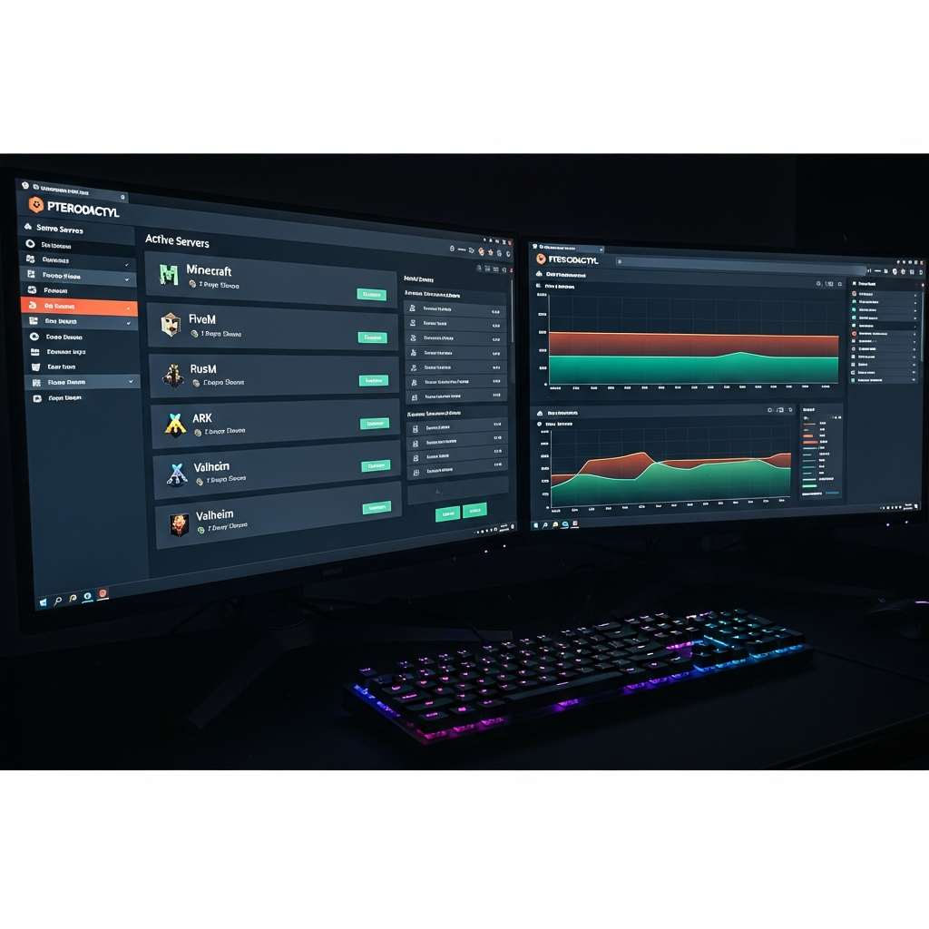 Hochauflösende Ansicht eines Multi-Monitor-Setups, linker Bildschirm zeigt Pterodactyl-Server-Liste mit fünf aktiven Gameservern (Minecraft, FiveM, Rust, ARK, Valheim), rechter Monitor zeigt Echtzeit-Performance-Graphen (CPU, RAM, Netzwerk) in einem dunklen Theme, Tastatur mit mechanischen Switches im Vordergrund