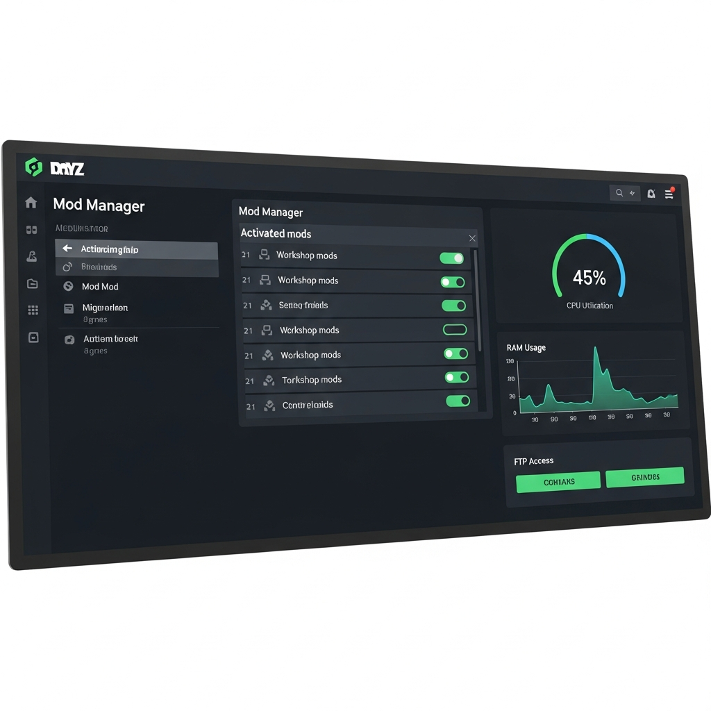Hochtechnischer fotorealistischer Screenshot eines DayZ-Server-Panels: Moderne Weboberfläche zeigt Mod-Manager mit aktivierten Workshop-Mods, CPU-Auslastung bei 45%, RAM-Graph, FTP-Zugang, übersichtliches Dashboard in dunklem Design, professionell und detailreich dargestellt