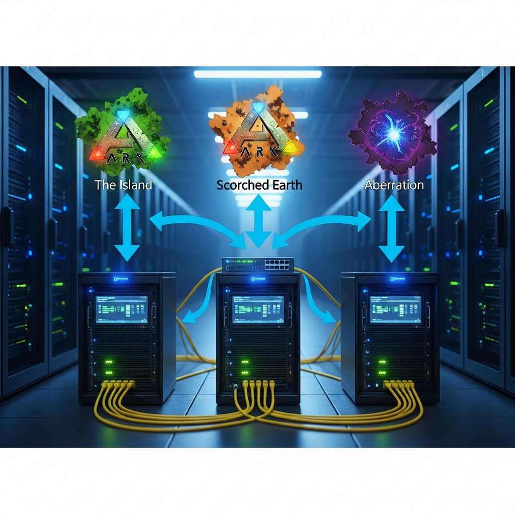 Ilustración técnica fotorrealista de un diagrama de red de cluster ARK mostrando tres servidores físicos conectados a través de cables Ethernet a un switch central, con iconos de mapas flotantes (The Island, Scorched Earth, Aberration) y flechas bidireccionales indicando transferencia de datos, fondo de datacenter con luces azules