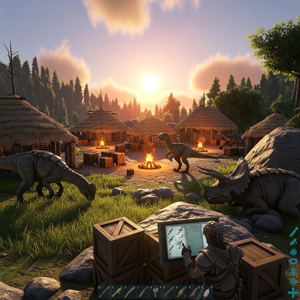 Imagen fotorrealista de una base early game en ARK con varios dinosaurios domados (Parasaur, Raptor, Trike) organizados junto a cajas de almacenamiento de madera, fogatas encendidas y un jugador gestionando inventarios al atardecer