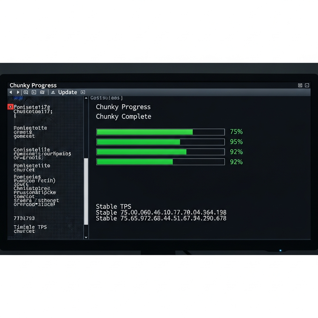 Imagen fotorrealista de una terminal de servidor mostrando el progreso de Chunky en consola con barras de progreso, porcentaje completado y TPS estables, fondo oscuro con texto verde estilo terminal Linux