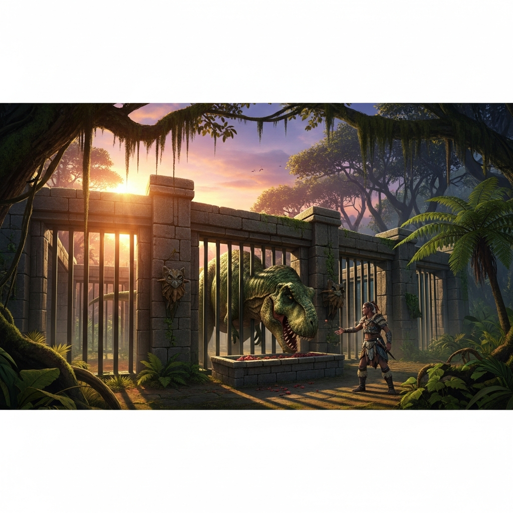 Imagen fotorrealista de una trampa de domesticación en ARK Ascended construida con pilares de piedra y marcos de puerta, con un Rex atrapado dentro siendo alimentado, entorno de selva tropical con iluminación volumétrica al atardecer