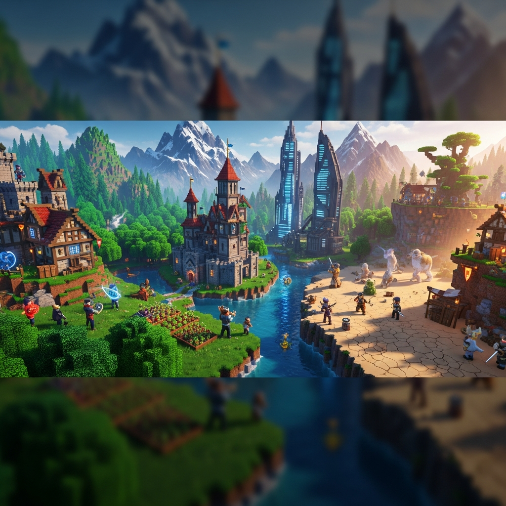 Imagen fotorrealista de un servidor Hytale con múltiples biomas generados proceduralmente, construcciones de jugadores con modelos 3D personalizados, NPCs interactivos y efectos de iluminación avanzados, renderizado en alta calidad con shaders activados