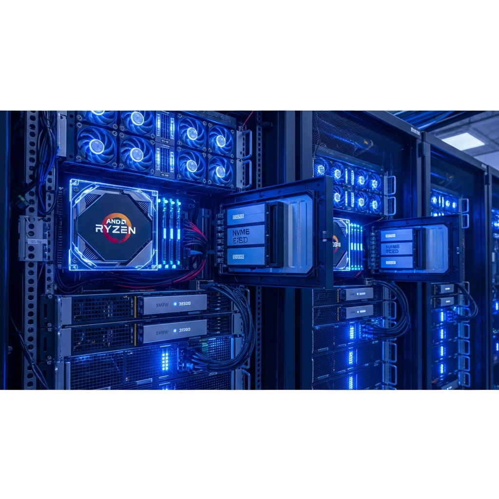 Imagen fotorrealista de un servidor rack con luces LED azules y ventiladores activos, simbolizando la infraestructura de alto rendimiento con procesadores AMD Ryzen 9 y almacenamiento NVMe SSD para hosting de ARK