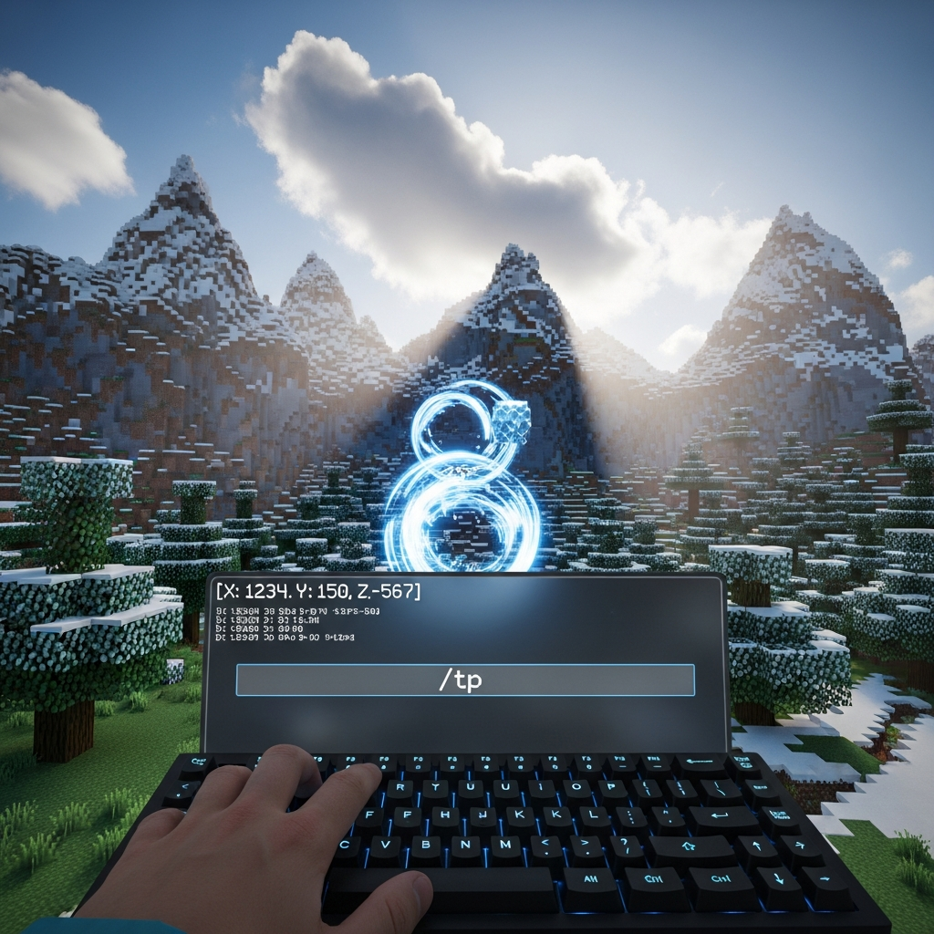 Imagen fotorrealista en primera persona de un administrador ejecutando el comando /tp en un servidor Minecraft Bedrock, con coordenadas visibles en el HUD, entorno de bioma de montaña nevada al fondo, rayos de sol atravesando nubes volumétricas y efecto de partículas de teletransportación