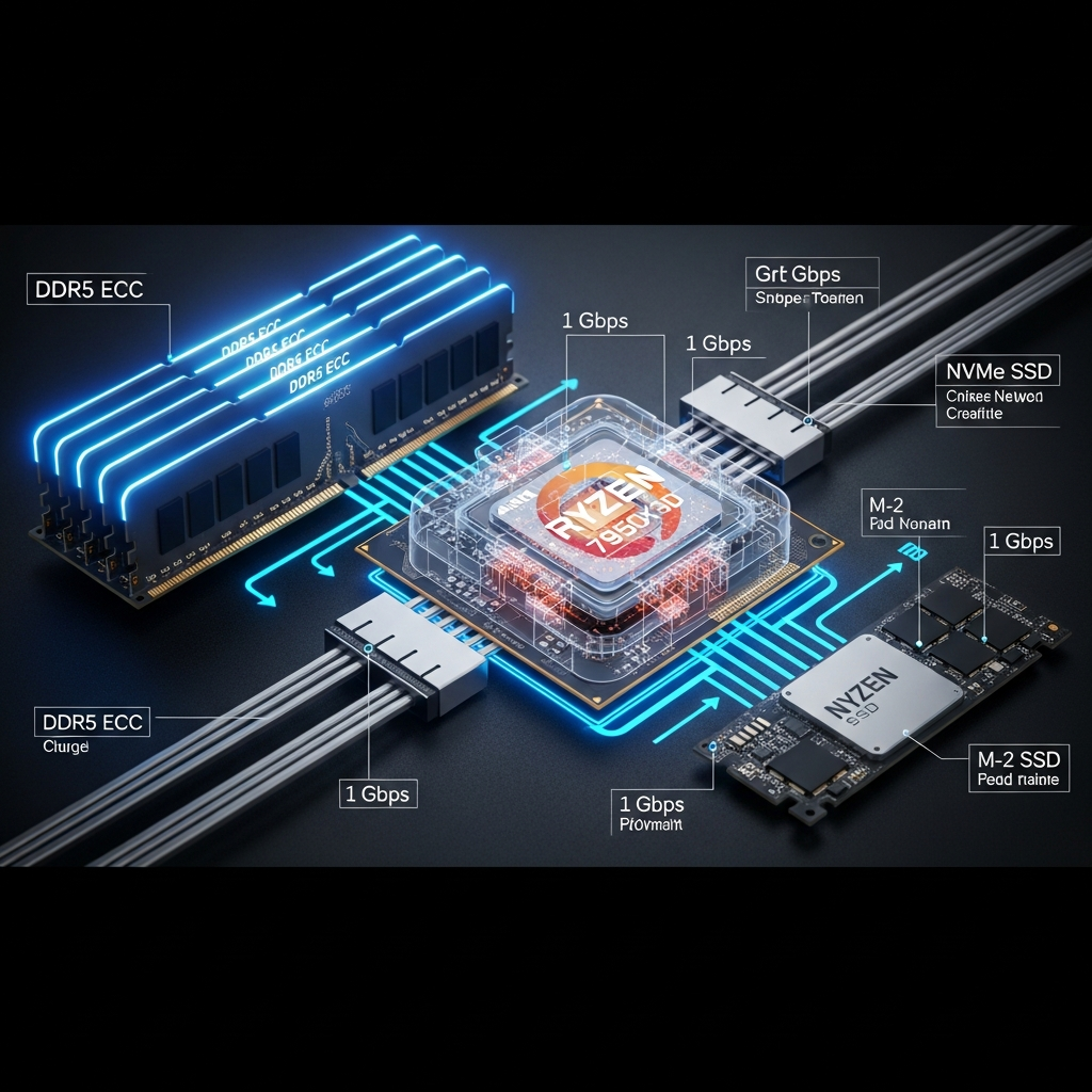 Infografía técnica fotorrealista comparando especificaciones de hardware: procesador AMD Ryzen 9 7950X3D con esquema de núcleos, módulos de RAM DDR5 ECC brillantes, disco NVMe SSD en formato M.2, cables de red de 1 Gbps, con etiquetas técnicas y flechas indicando flujos de datos