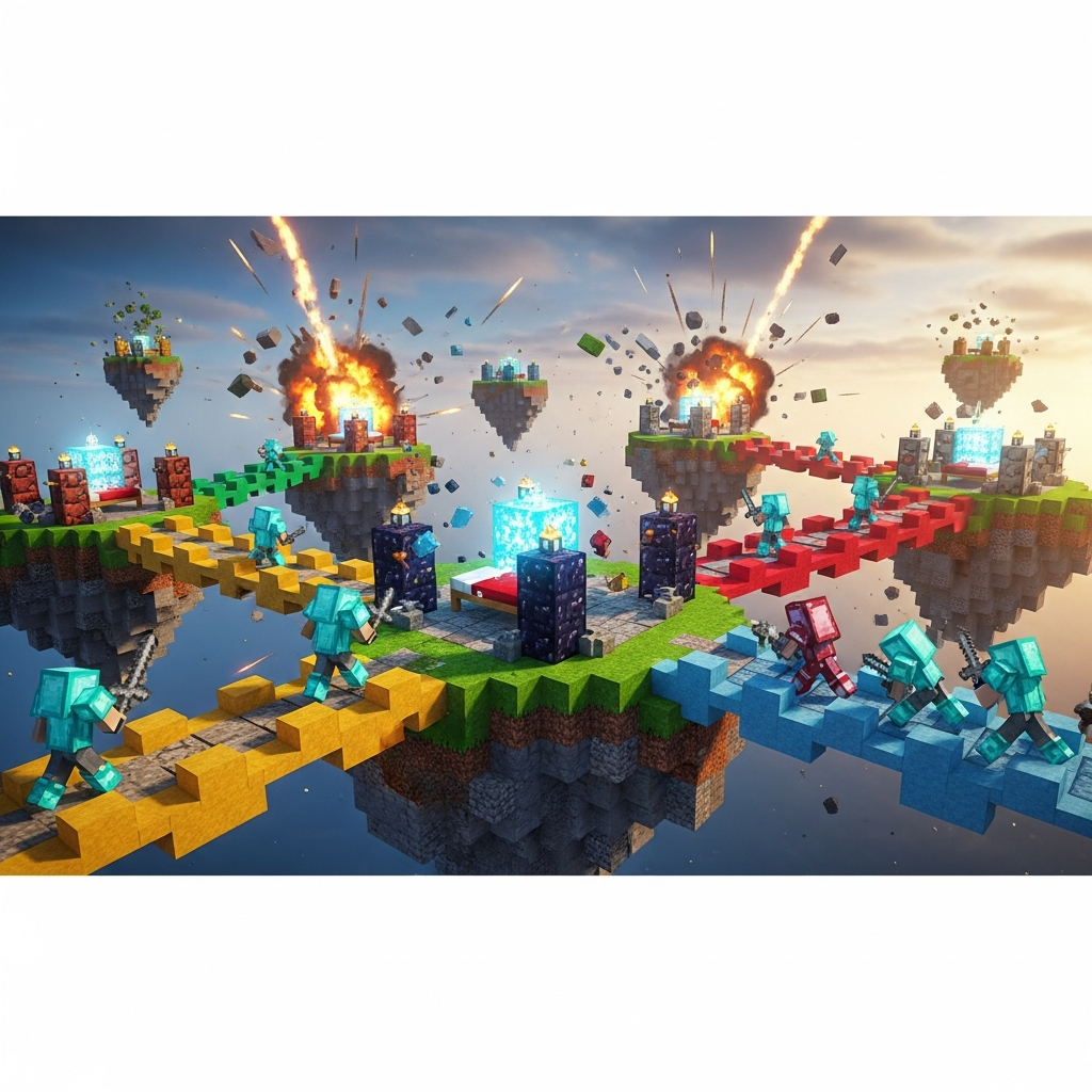Intense BedWars battle scene on floating islands, players in diamond armor rushing across colorful wool bridges, explosions destroying defenses, glowing beds protected by obsidian, dynamic action shot, photorealistic Minecraft rendering, dramatic lighting with sunset sky