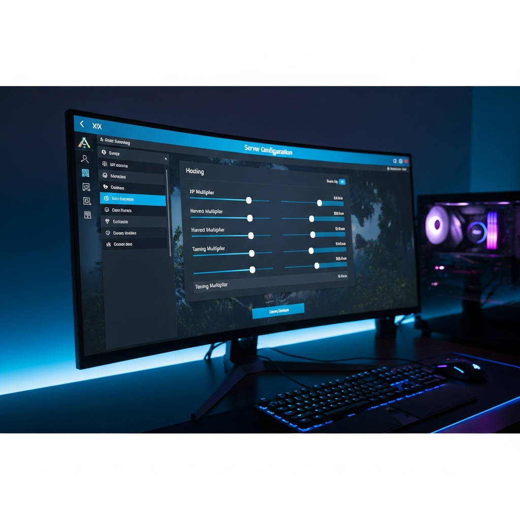 Interface de configuration d'un serveur ARK dans un panel d'hébergement moderne, affichant les multiplicateurs XP, récolte et apprivoisement avec des curseurs ajustables, écran d'ordinateur ultramoderne dans un setup gaming sombre éclairé par des LED bleues
