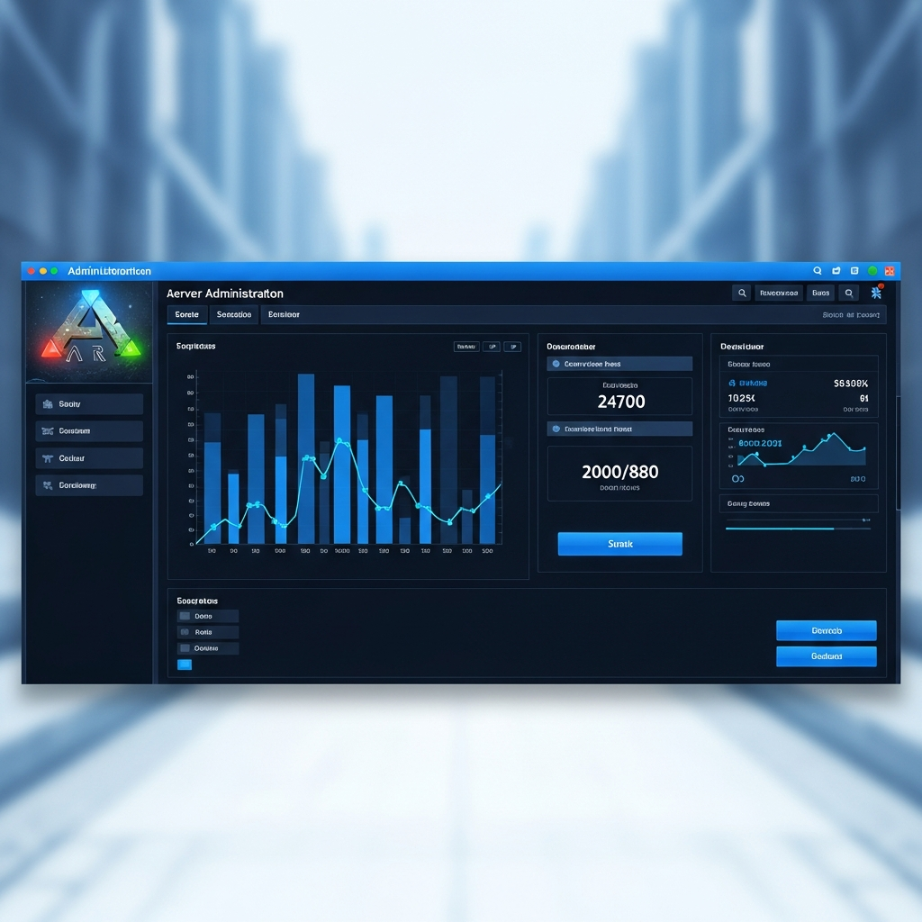 Interface de panel d'administration serveur ARK moderne montrant graphiques de performance CPU/RAM en temps réel, liste de mods CurseForge installés et boutons de sauvegarde automatique, design épuré gaming bleu et noir photoréaliste