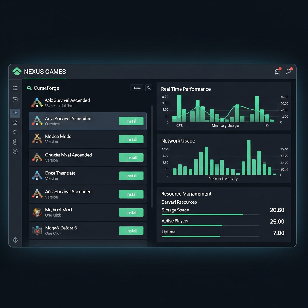 Interface du panel Nexus Games affichant la liste des mods ARK Survival Ascended disponibles sur CurseForge, avec boutons d'installation en un clic, graphiques de performance serveur en temps réel et tableau de bord de gestion des ressources, design moderne épuré