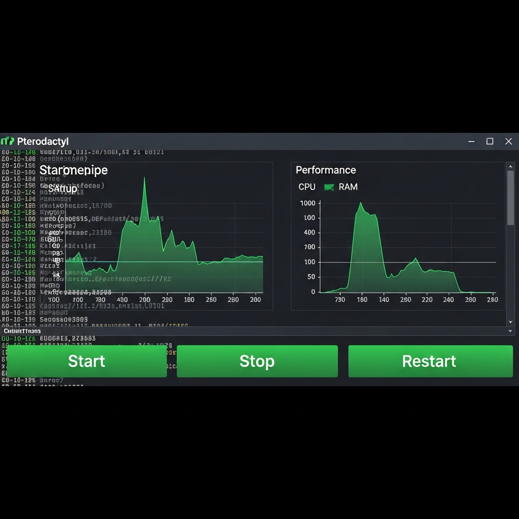 Interface graphique photoréaliste du panel client Pterodactyl affichant la console en direct d'un serveur Minecraft avec logs de démarrage, graphiques de performances CPU/RAM superposés, et boutons de contrôle (Start, Stop, Restart) en vert