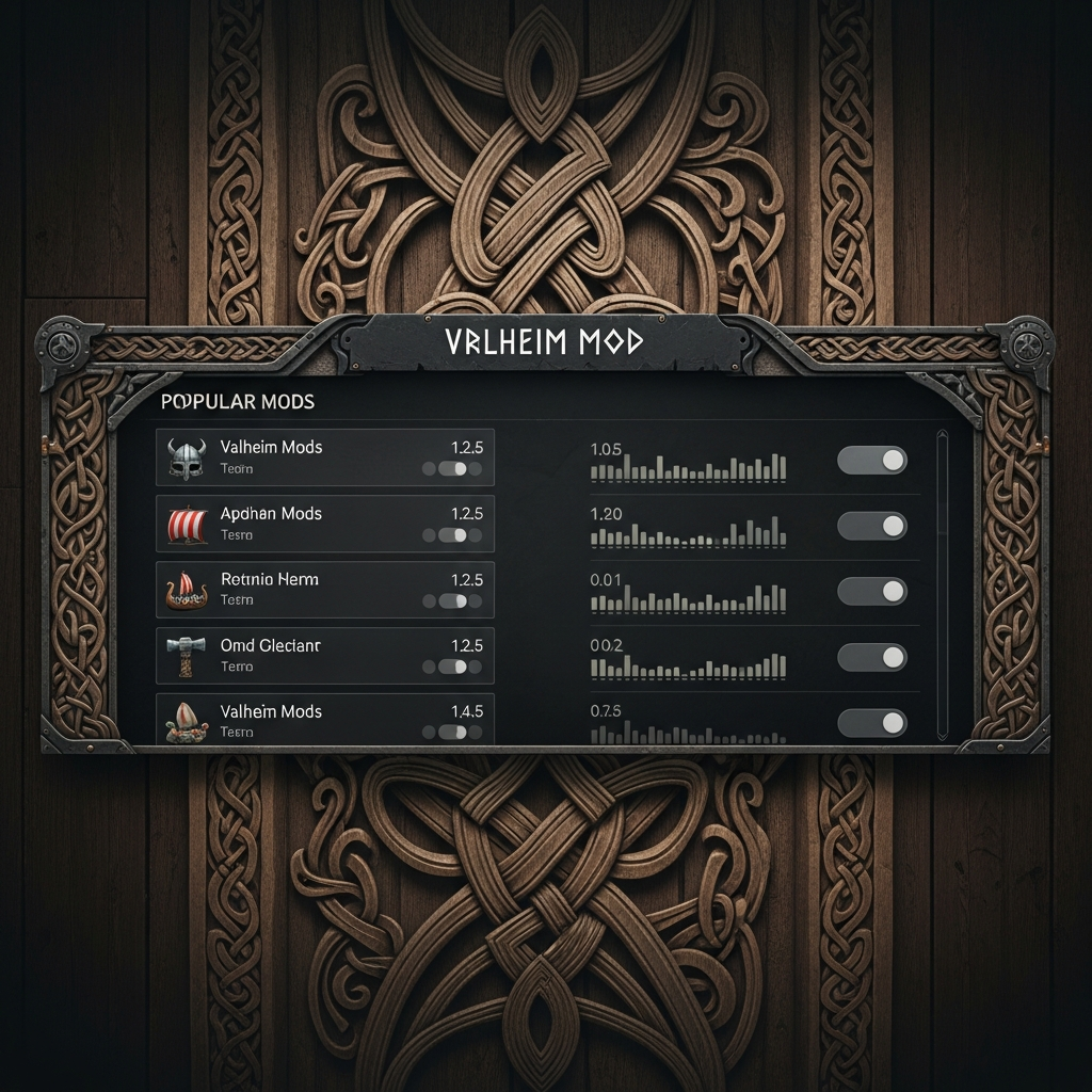 Interface photoréaliste d'un panel de gestion de mods Valheim montrant une liste de mods populaires avec icônes, versions, boutons d'activation toggle, et statistiques de performances, design moderne avec thème nordique, fond de bois sculpté viking stylisé