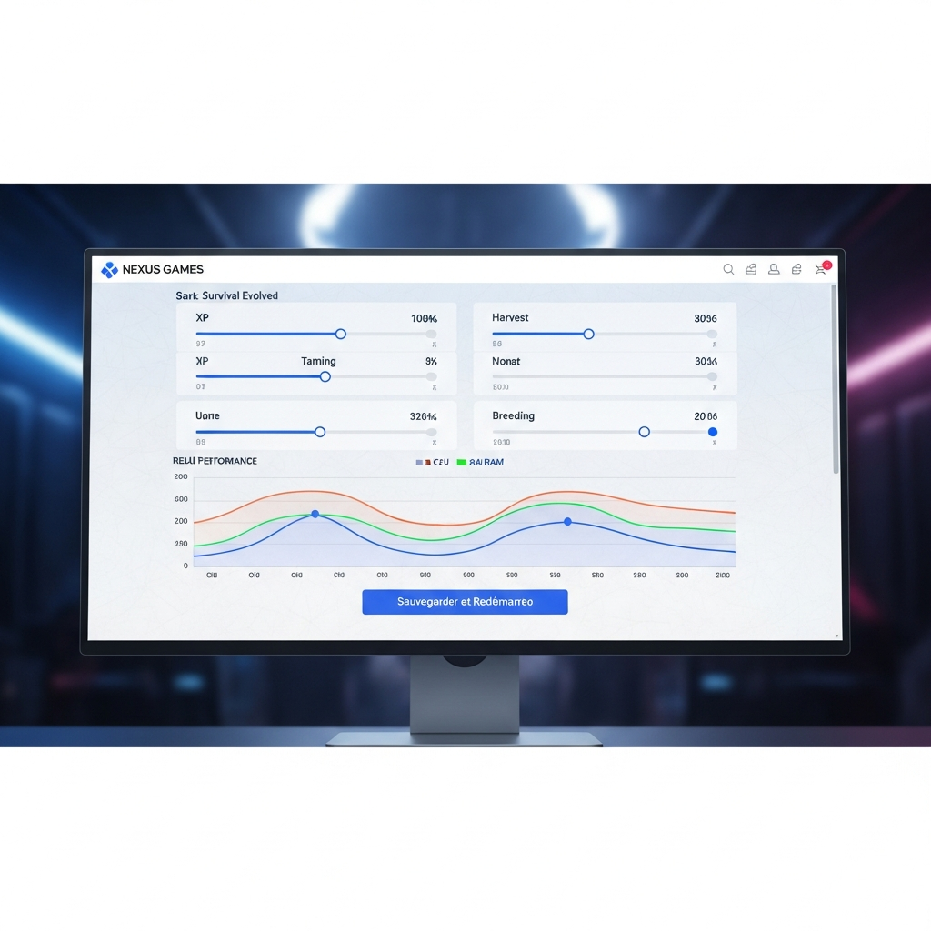 Interface photoréaliste du panel Nexus Games affichant la page de configuration des rates ARK, avec des sliders modernes pour XP/Taming/Harvest/Breeding, graphique de performance du serveur en temps réel (CPU, RAM), bouton "Sauvegarder et Redémarrer" en bleu, design épuré et professionnel en thème clair