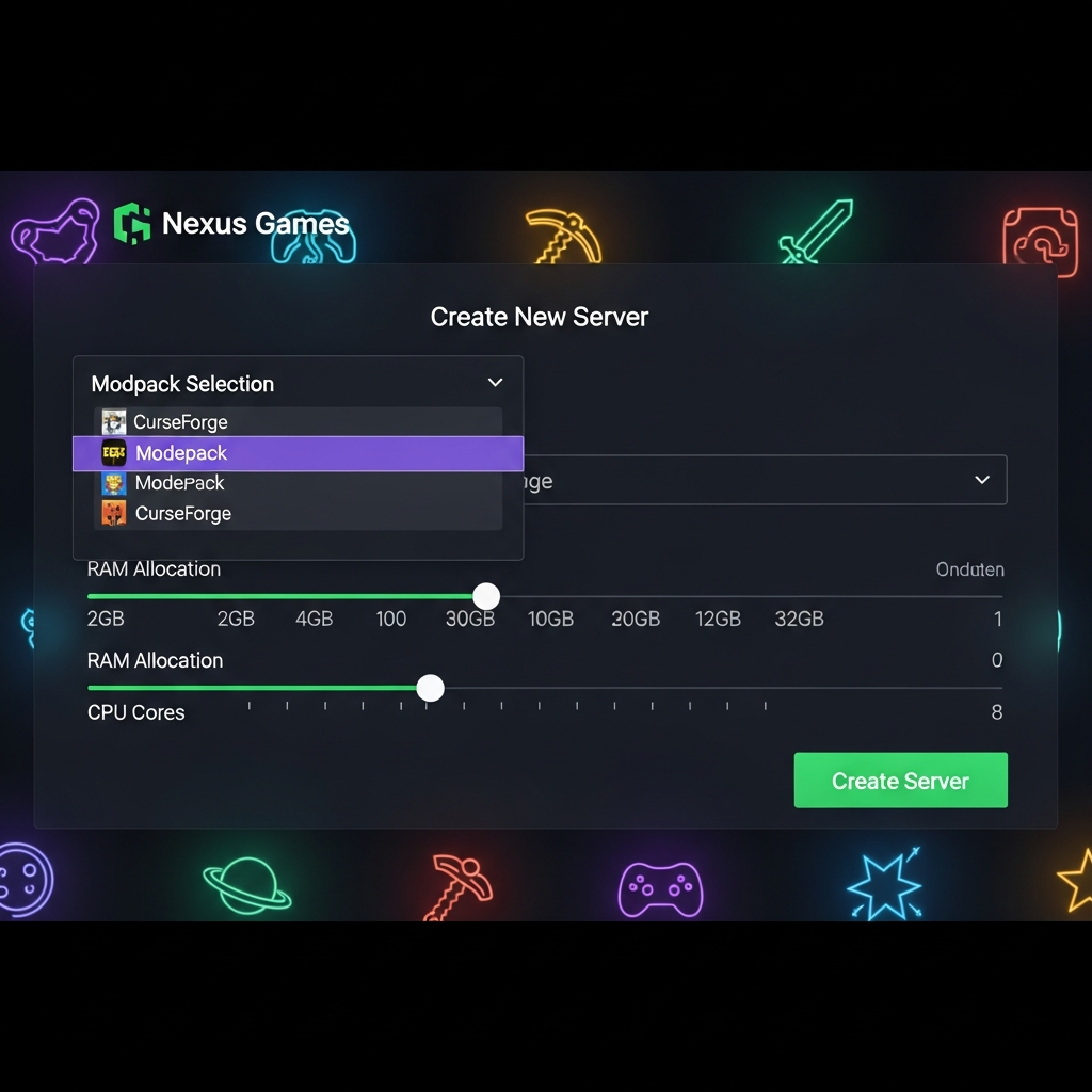 Interface photoréaliste du panel Nexus Games montrant la création d'un nouveau serveur Minecraft, sélection du modpack CurseForge, sliders de RAM et CPU, bouton de validation vert, thème sombre élégant avec icônes de jeux colorées