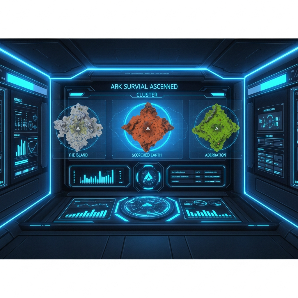 Interface photoréaliste du panel Nexus Games montrant un tableau de bord de monitoring d'un cluster ARK Survival Ascended avec trois maps, graphiques de consommation CPU/RAM en temps réel, historique de latence réseau sur 24 heures, et bouton d'alerte en cas de dépassement de seuil