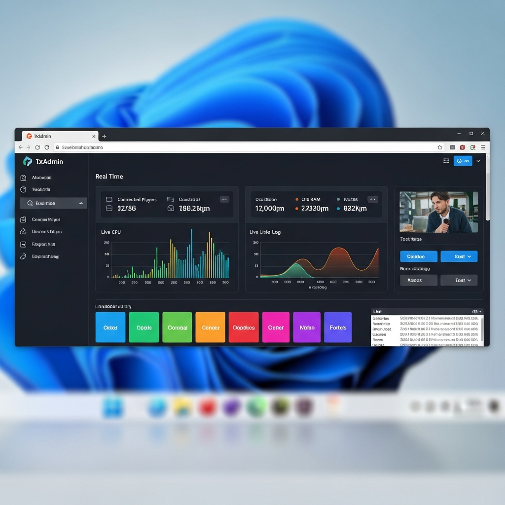Interface txAdmin affichée dans un navigateur web, avec le tableau de bord moderne montrant les joueurs connectés, l'utilisation CPU/RAM en temps réel, la console de logs défilant en direct et les boutons de gestion colorés, sur fond d'écran Windows Server