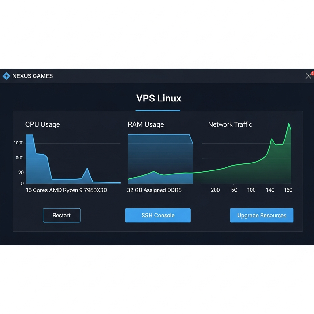 Interfaz del Panel Nexus Games mostrando la sección de VPS Linux, destacando un gráfico de uso de CPU (16 cores AMD Ryzen 9 7950X3D), RAM DDR5 (32 GB asignados) y tráfico de red en tiempo real (gráfica verde ascendente), con botones de reinicio, consola SSH y upgrade de recursos visibles, diseño moderno oscuro con acentos azules