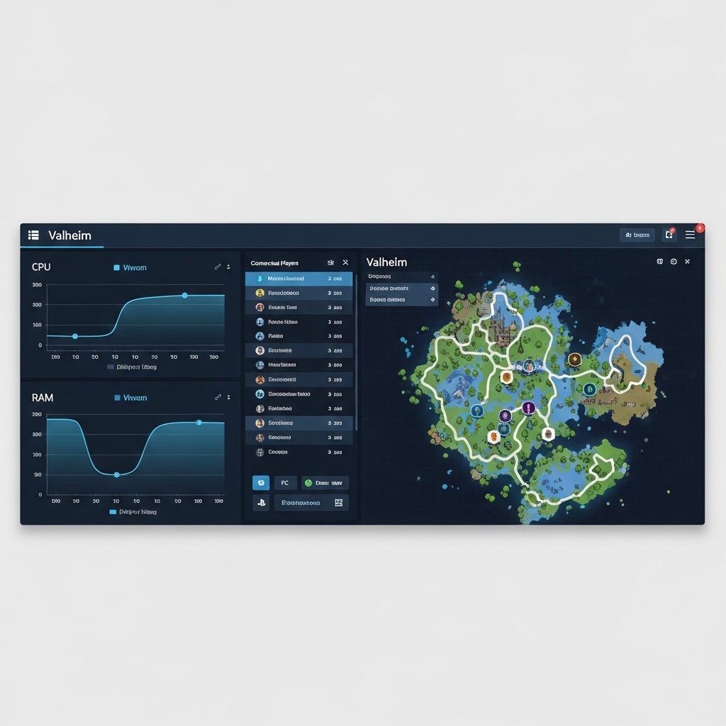 Interfaz de panel de control de servidor moderno mostrando estadísticas en tiempo real de un servidor Valheim, con gráficos de uso de CPU y RAM, lista de jugadores conectados desde diferentes plataformas, y mapa del mundo generado, diseño limpio y profesional con tonos azules y grises