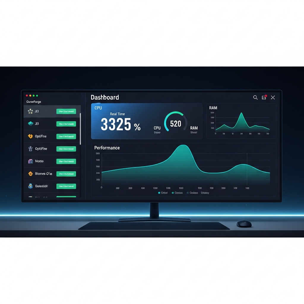 Interfaz de panel de control moderno mostrando gráficos de rendimiento en tiempo real, uso de RAM y CPU, lista de mods de CurseForge instalables con un clic, diseño limpio y profesional con temática Minecraft, fotorrealista