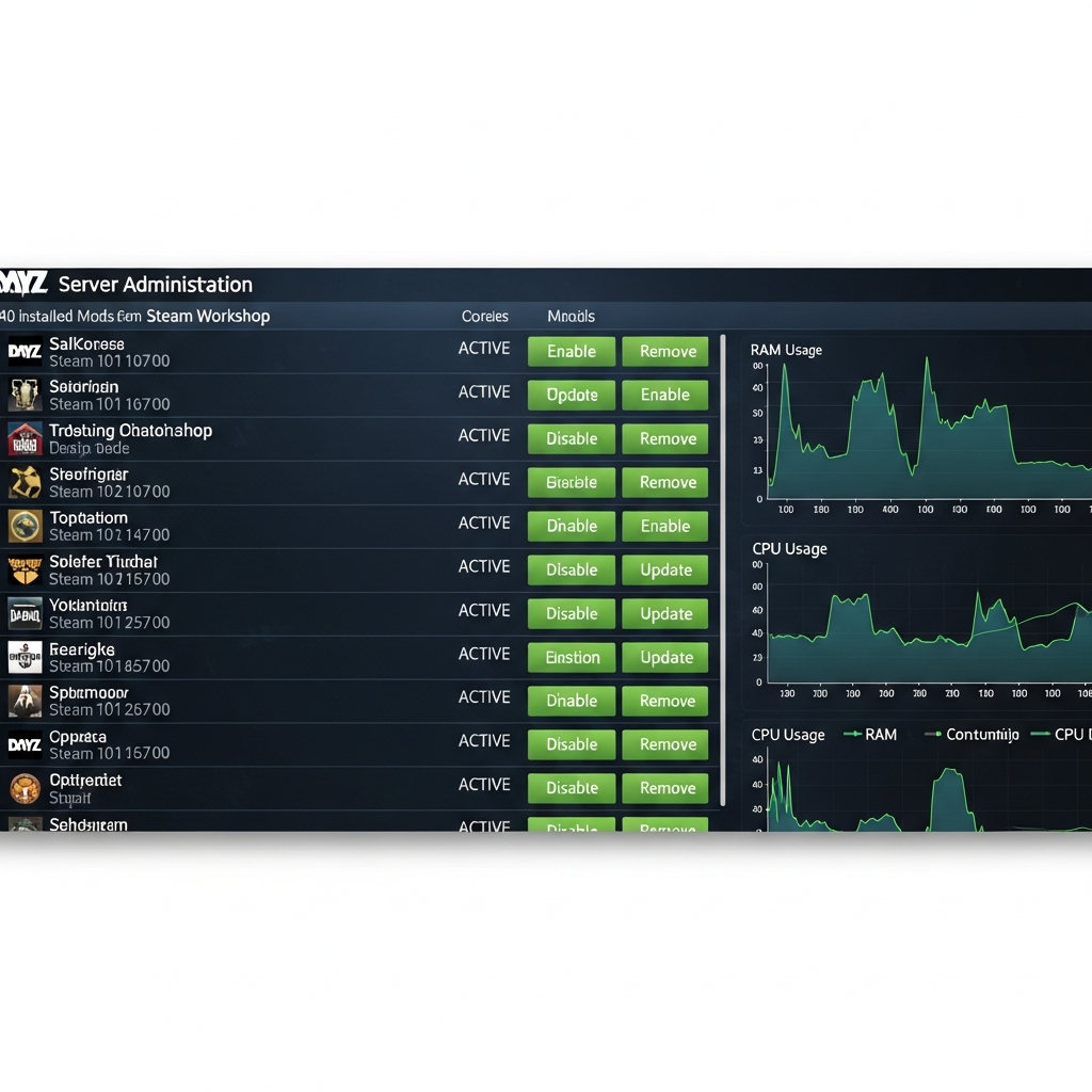 Interfaz fotorrealista del panel de administración de servidor DayZ mostrando una lista de 40 mods instalados desde Steam Workshop con indicadores de estado verde (activo) y botones de gestión, junto a gráficos de consumo de RAM y CPU en tiempo real del servidor