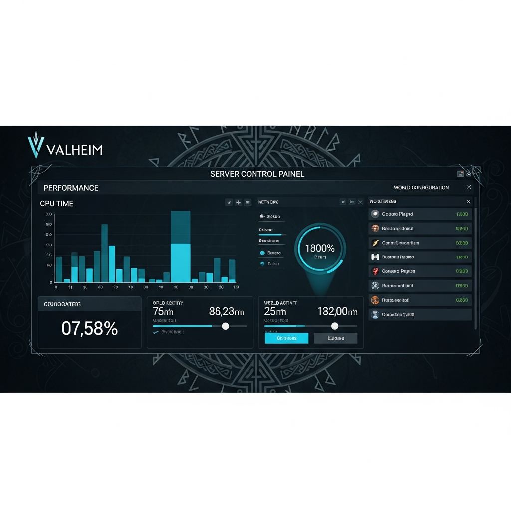 Interfaz fotorrealista de panel de control de servidor de Valheim mostrando gráficos de rendimiento en tiempo real, uso de CPU y RAM, lista de jugadores conectados, opciones de configuración de mundo, con diseño moderno en tonos oscuros y elementos nórdicos estilizados