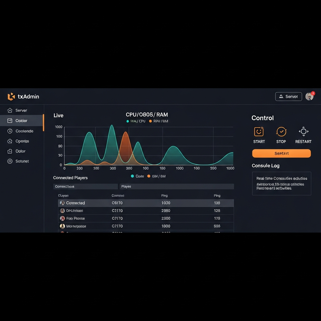 Interfaz web de txAdmin mostrando panel principal con estadísticas del servidor en vivo, gráficos de uso de CPU y RAM, lista de jugadores conectados, botones de control (Start/Stop/Restart) y consola de logs en tiempo real, diseño moderno con tema oscuro