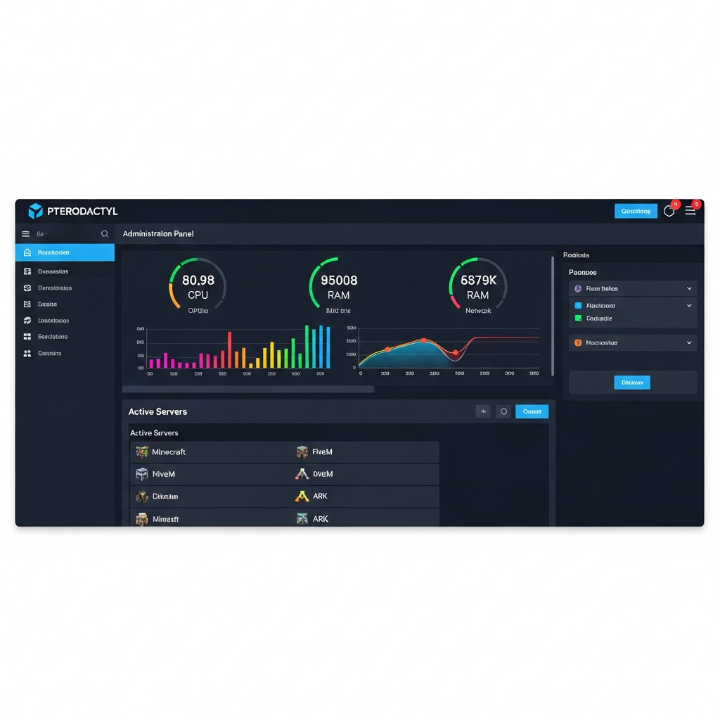 Interfaz web fotorrealista del panel de administración de Pterodactyl mostrando el dashboard principal con estadísticas de CPU, RAM y red en tiempo real, gráficos coloridos de uso de recursos, lista de servidores de juegos activos con iconos de Minecraft, FiveM y ARK, tema oscuro moderno con acentos azules y verdes