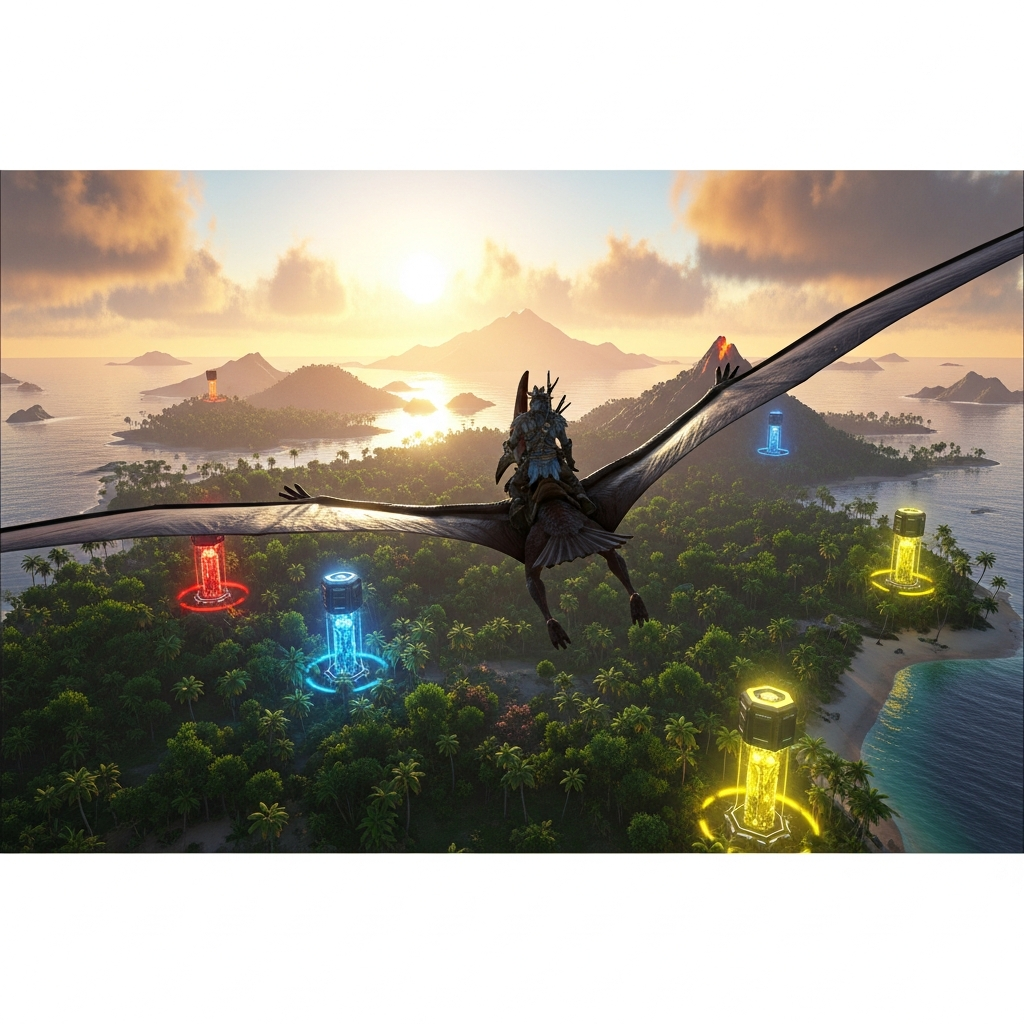 Joueur ARK chevauchant un Pteranodon au-dessus d'une île tropicale luxuriante au coucher de soleil, vue dynamique en vol avec des supply drops colorés visibles au sol, graphismes photoréalistes Unreal Engine 5