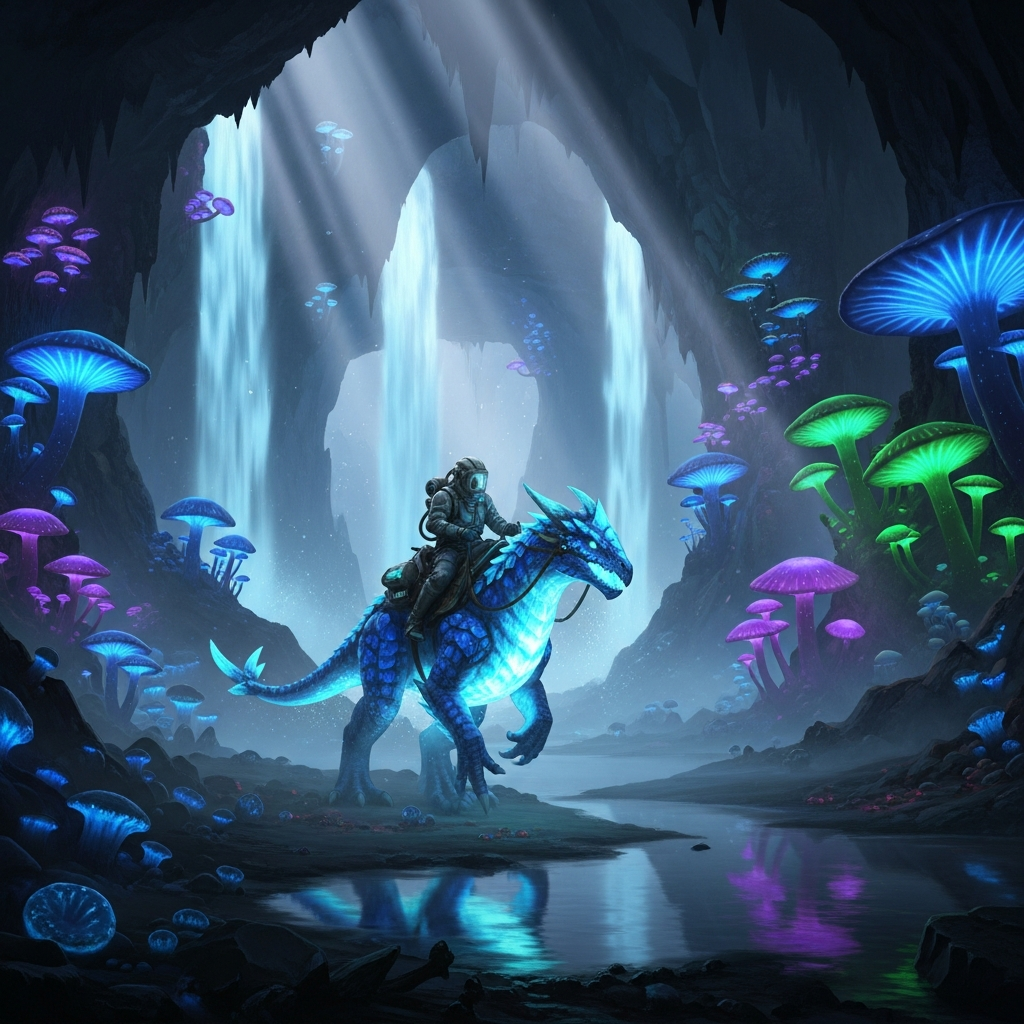 Joueur en combinaison hazmat chevauchant un Rock Drake bleu luminescent dans les cavernes bioluminescentes d'Aberration, entouré de champignons géants phosphorescents et de cascades lumineuses, éclairage volumétrique dramatique, rendu photoréaliste Unreal Engine 5