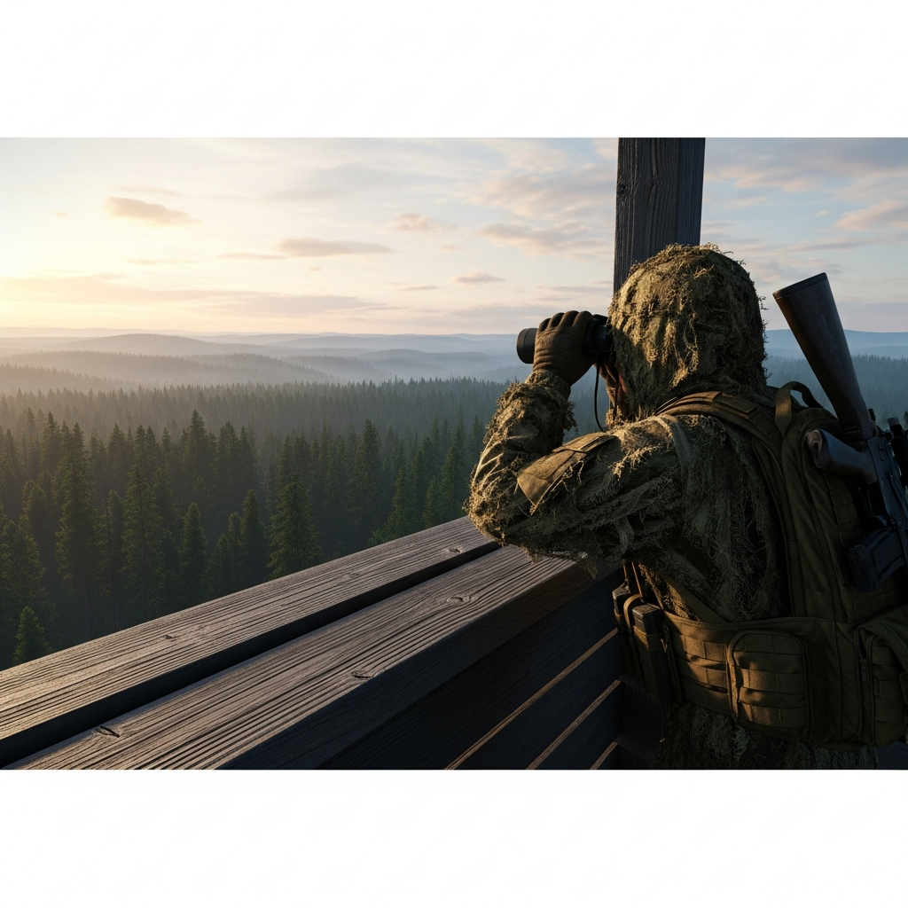 Jugador de DayZ observando desde una torre de vigilancia de madera hacia un vasto paisaje boscoso de Chernarus al amanecer, con prismáticos en mano, equipado con ghillie suit de camuflaje, ambiente táctico y realista