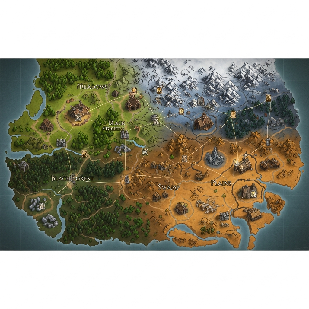 Mapa del mundo de Valheim visto desde arriba con marcadores de diferentes biomas (Pradera, Bosque Negro, Pantano, Montaña, Llanuras), pequeños iconos de construcciones vikingas dispersos, y líneas que conectan diferentes puntos representando jugadores explorando simultáneamente, estilo cartográfico nórdico antiguo con tonos cálidos